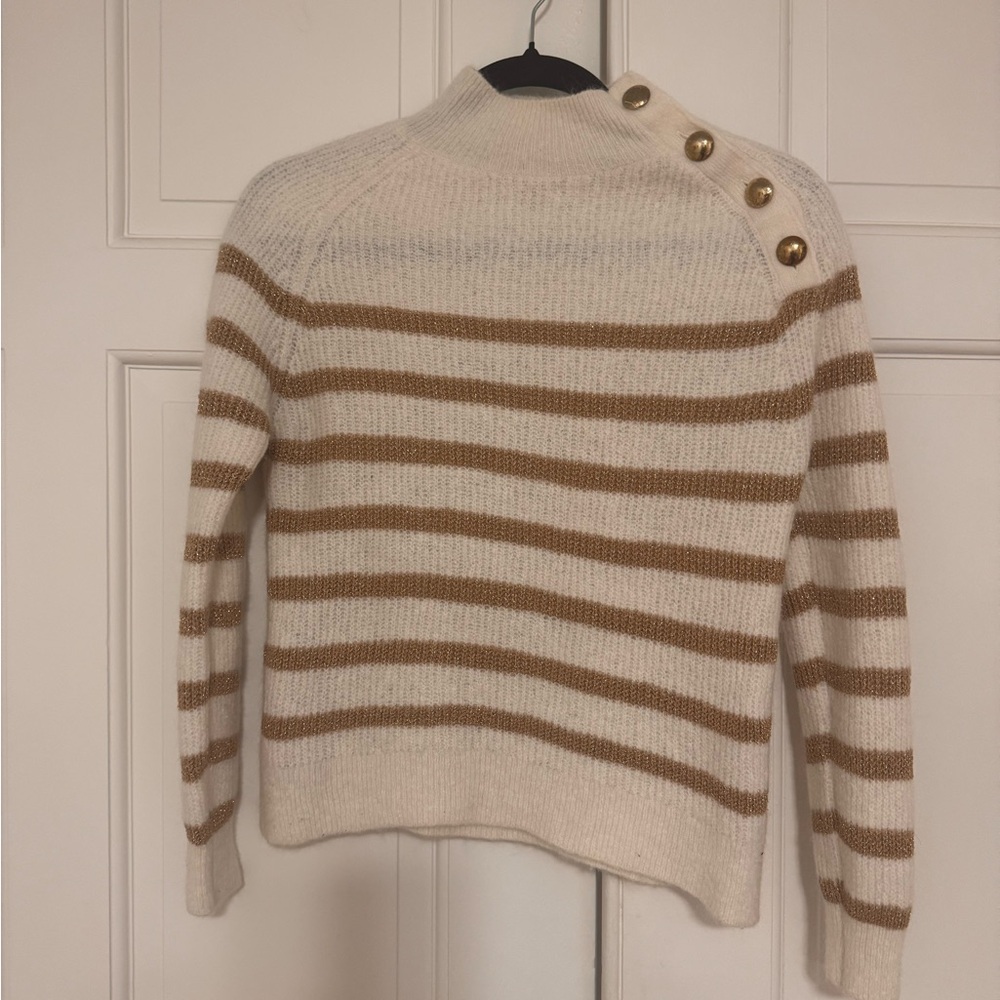 Sezane Striped Cream and gold Sweater with Button Detail